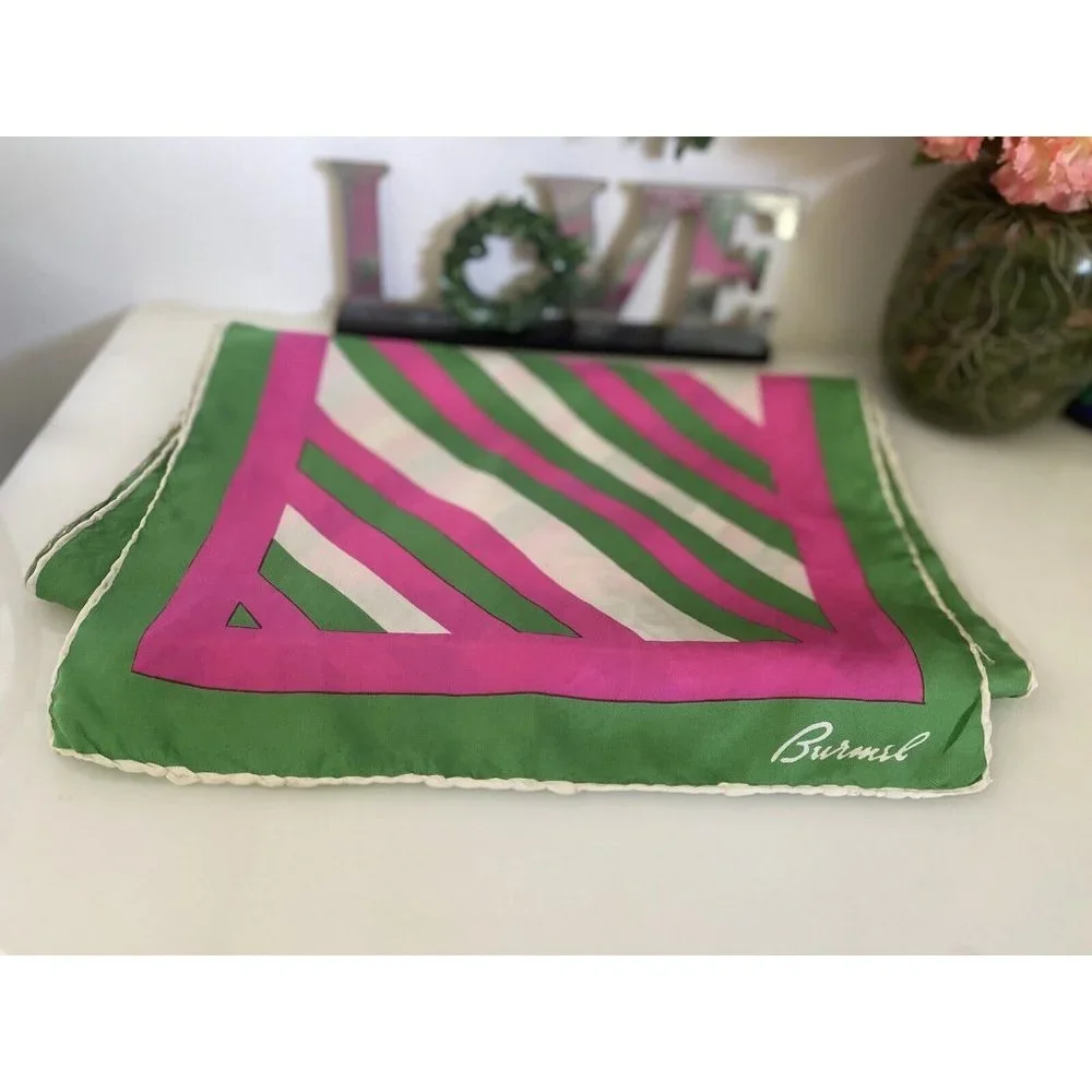Burmel Vintage 1960's Pink Green Stripe Hand Rolled All Silk Scarf 13x68 Italy - Picture 3 of 16